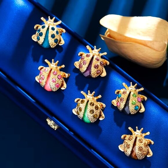 6 Ladybug Rhinestone Brooch Pin Stylish Sparkle Petite Good Luck Trendy Glam - Picture 3 of 4